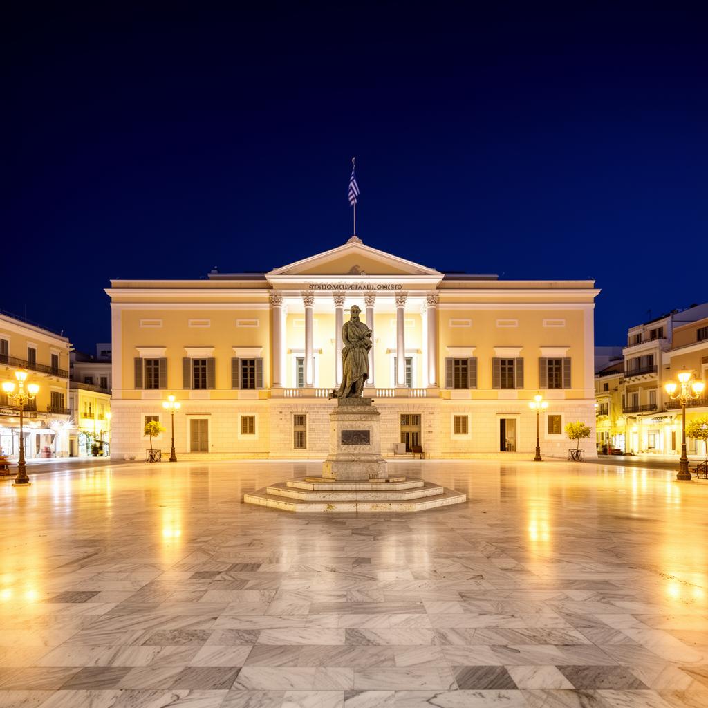 Syros Town Hall and Miaoulis Square illuminated at night in Ermoupolis