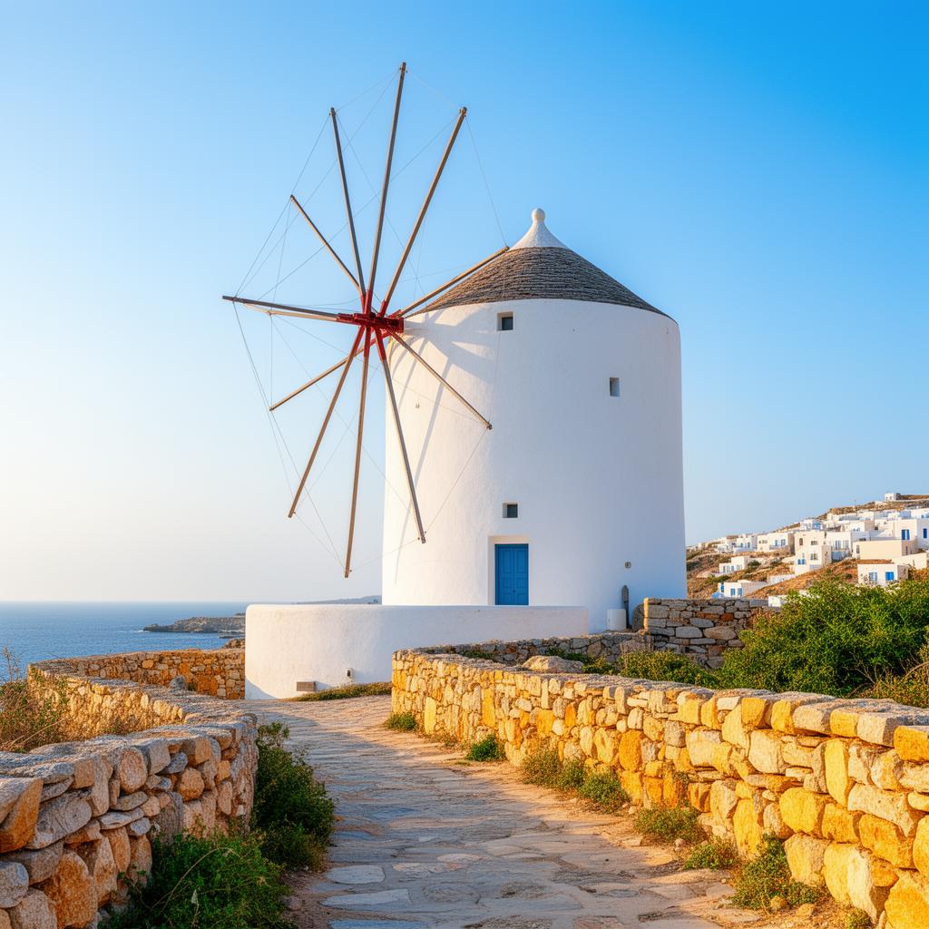 Traditional white windmill on a rocky hillside in Syros, Greece